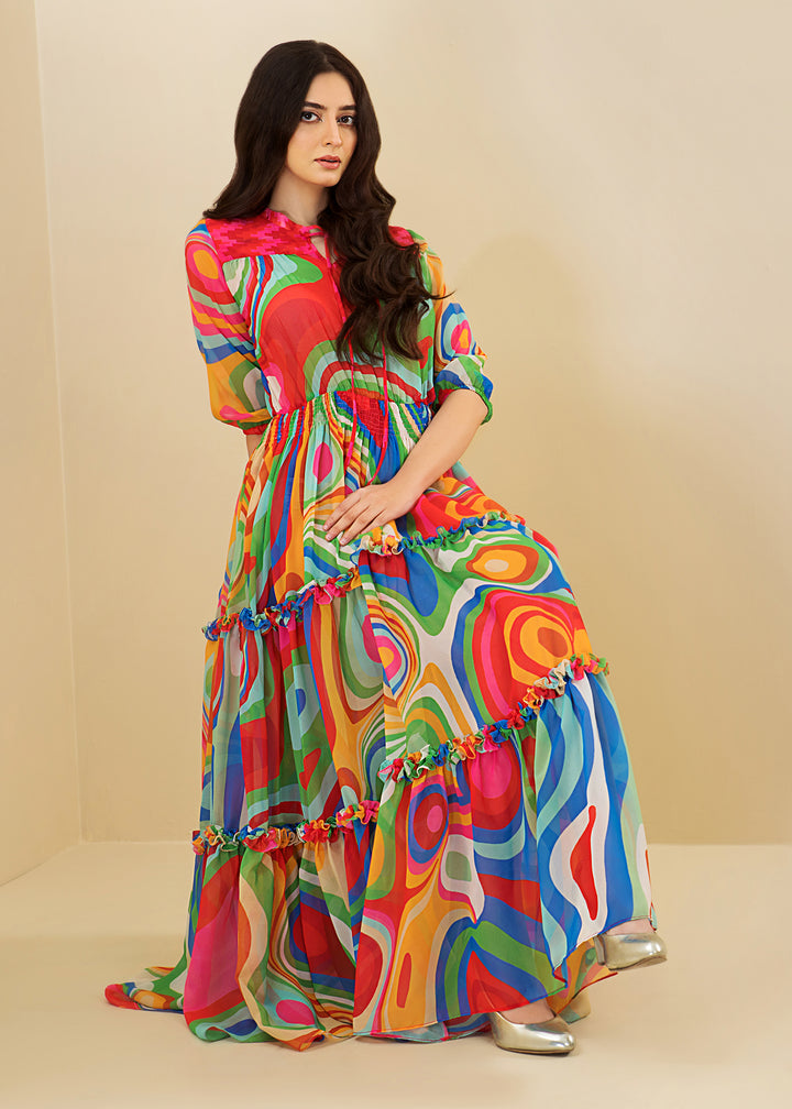 Model wearing Vibrant printed dress -4