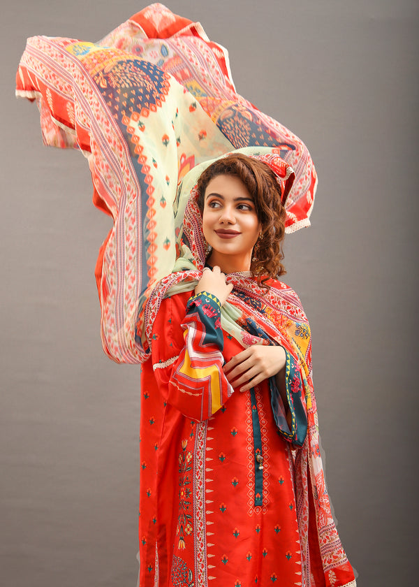 Model wearing red shirt and dupatta -1