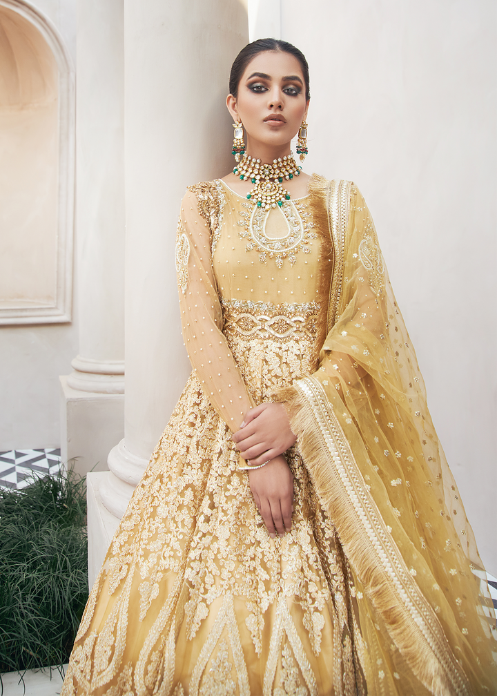 Model wearing Embroidered Gold flared Frock -2