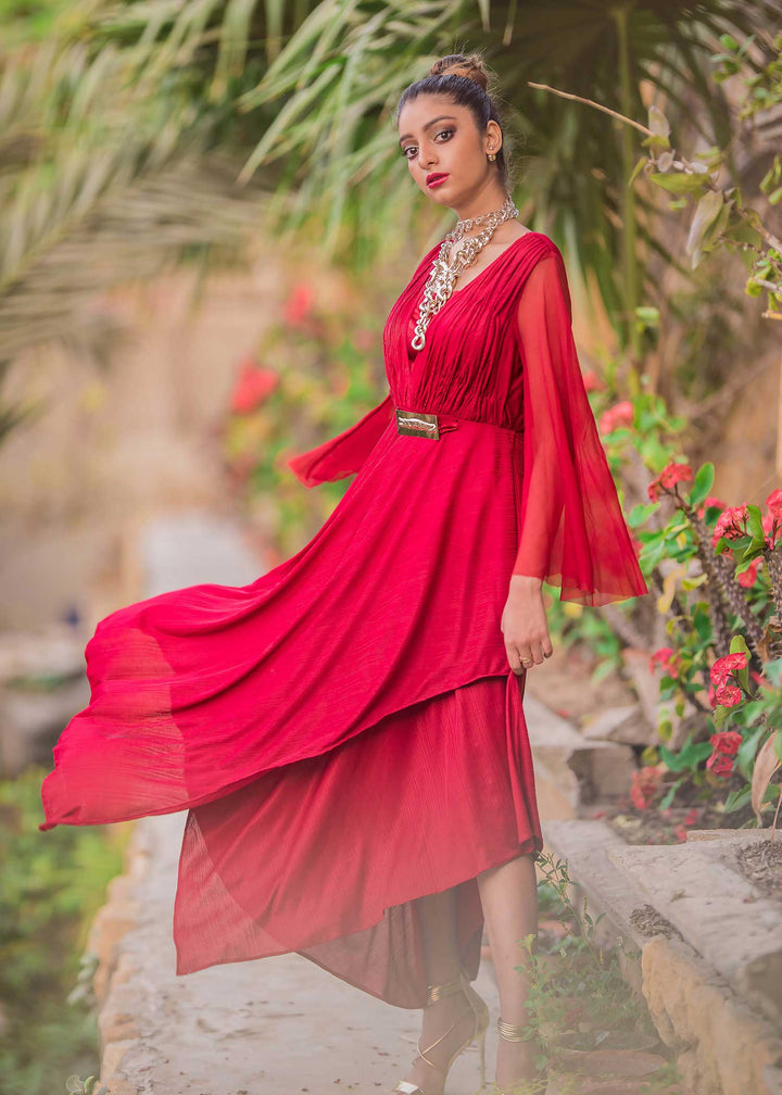 Model wearing red shirt with chiffon sleeves-2
