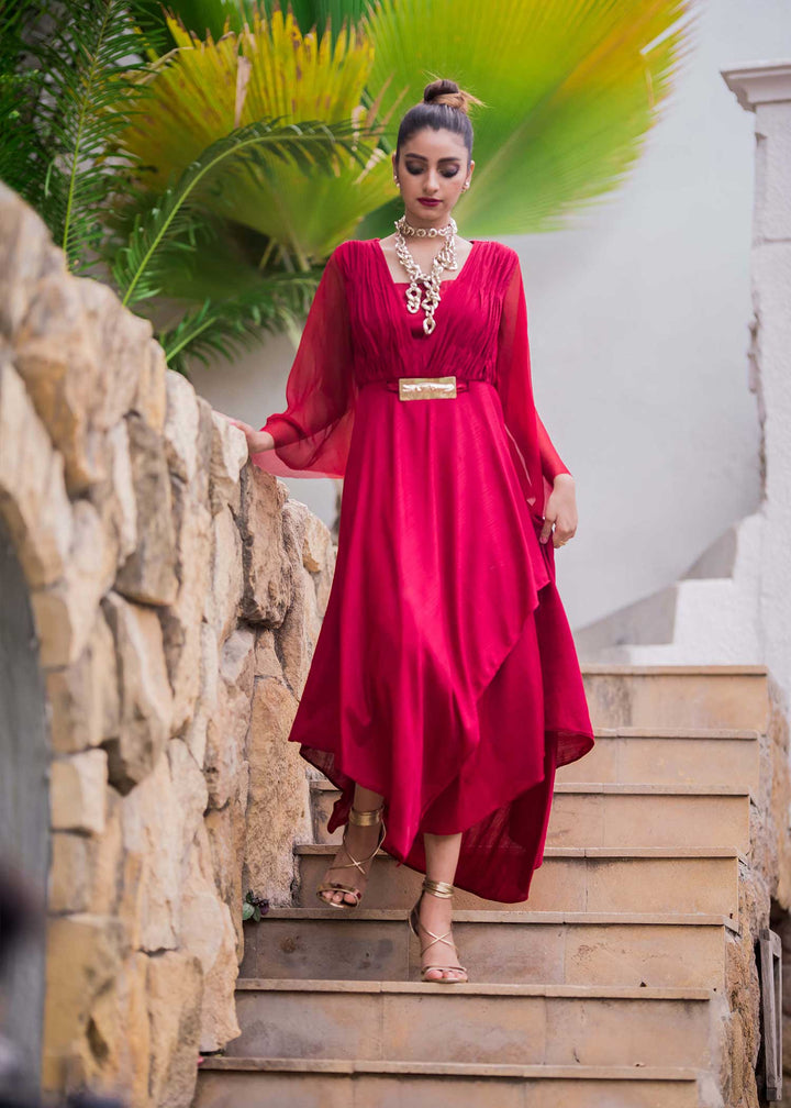 Model wearing red shirt with chiffon sleeves-9