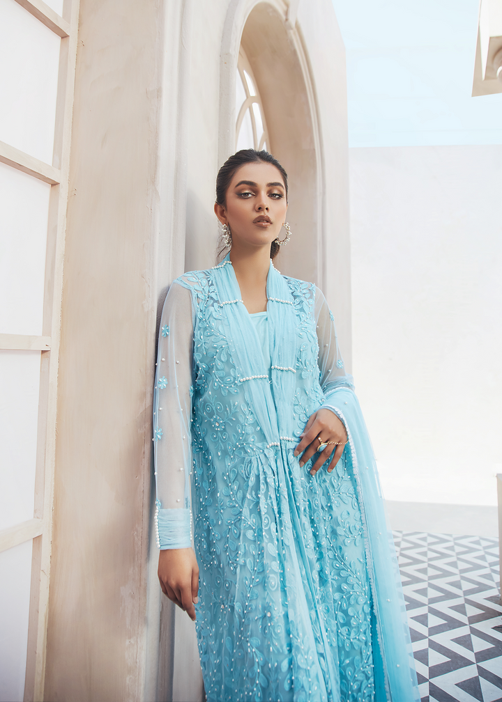 Model wearing Sky Blue Net embroidered Shirt -4