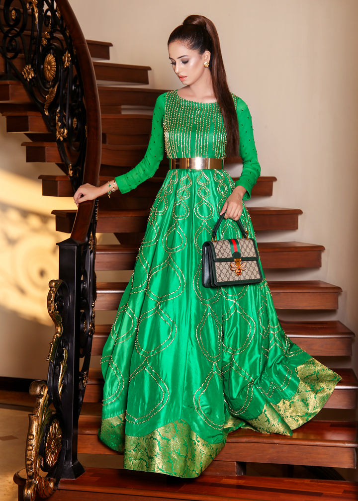 Model wearing Embellished Green Maxi Dress -4