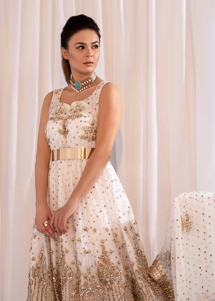 model wearing Ivory and Gold Formal Embellished Maxi -4
