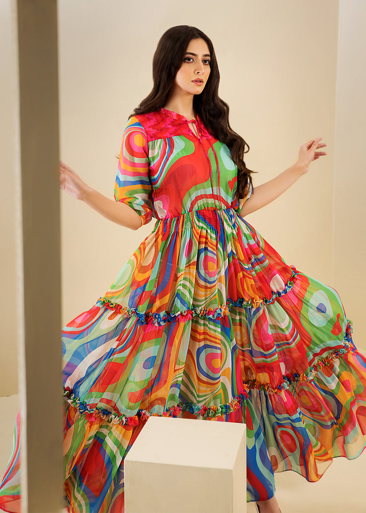 Model wearing Vibrant printed dress -3