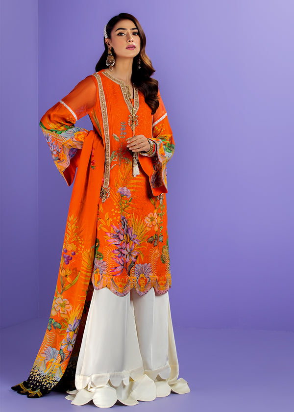 Model wearing Orange Embroidered Shirt with Dupatta -1