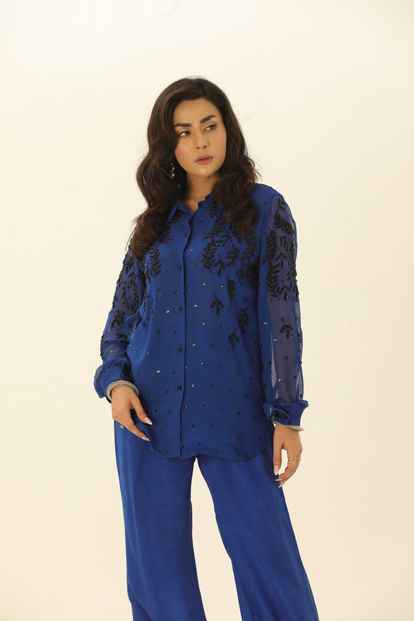 Chandni - Blue Embroidered Shirt with Bell Trousers