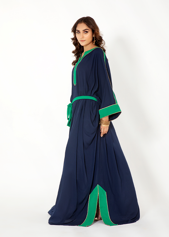 Model wearing  navy blue kaftan -  image 1