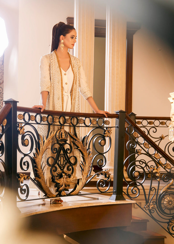 White and Gold Embroidered Jacket with Inner Dress -6