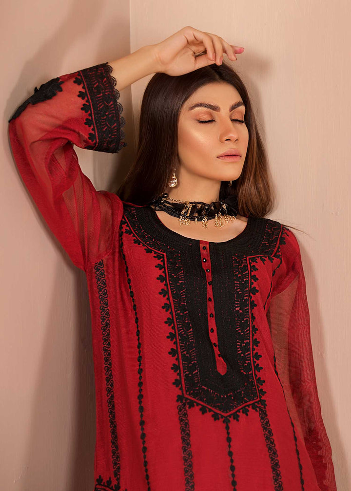 Modelwearing Deep Red Shirt with Black Embroidery with Black Flared Pants-5