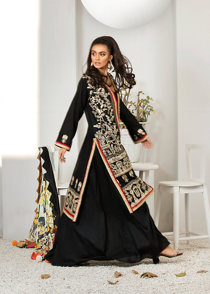 Model wearing Black Embroidered Jacket Shirt with Flare Pants -3