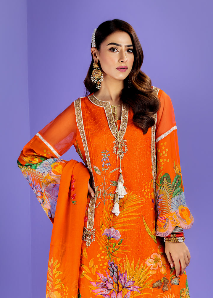 Model wearing Orange Embroidered Shirt with Dupatta -3