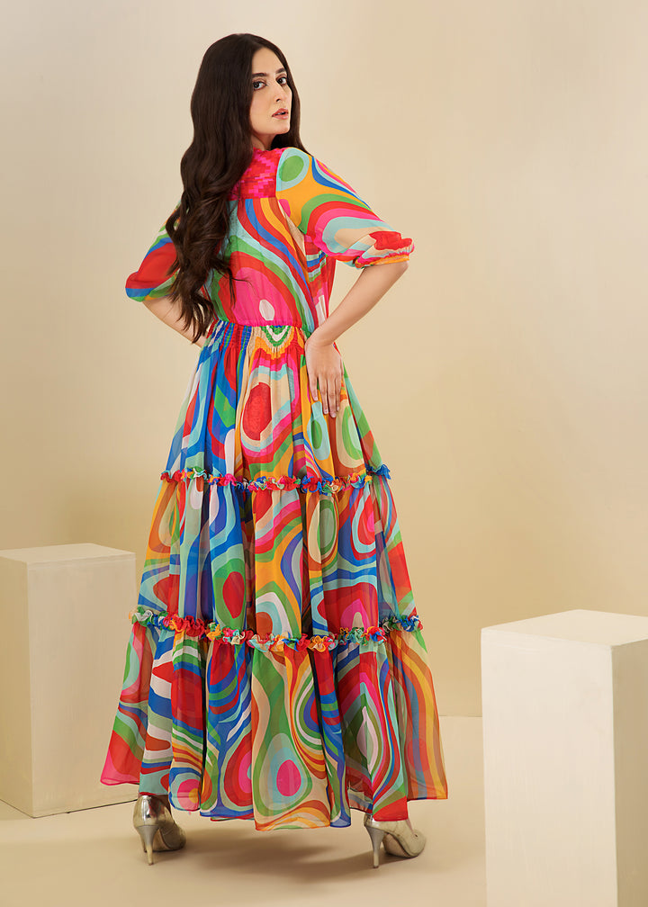 Model wearing Vibrant printed dress -5