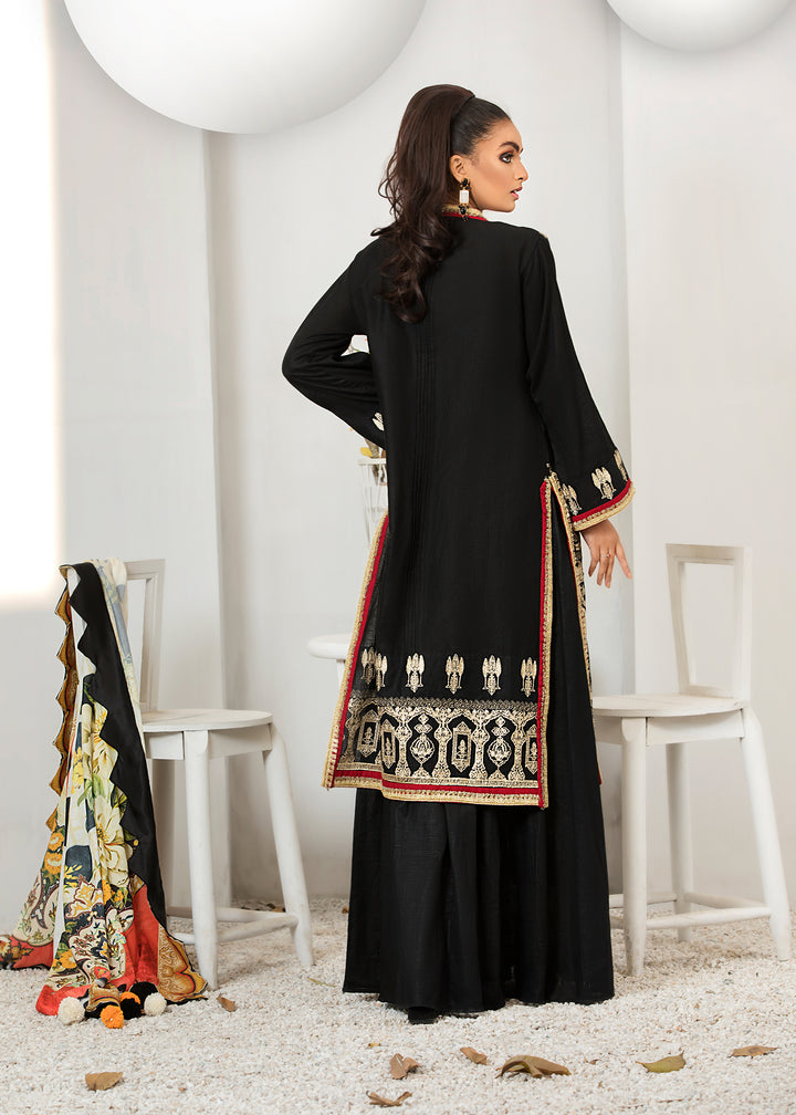 Model wearing Black Embroidered Jacket Shirt with Flare Pants -4