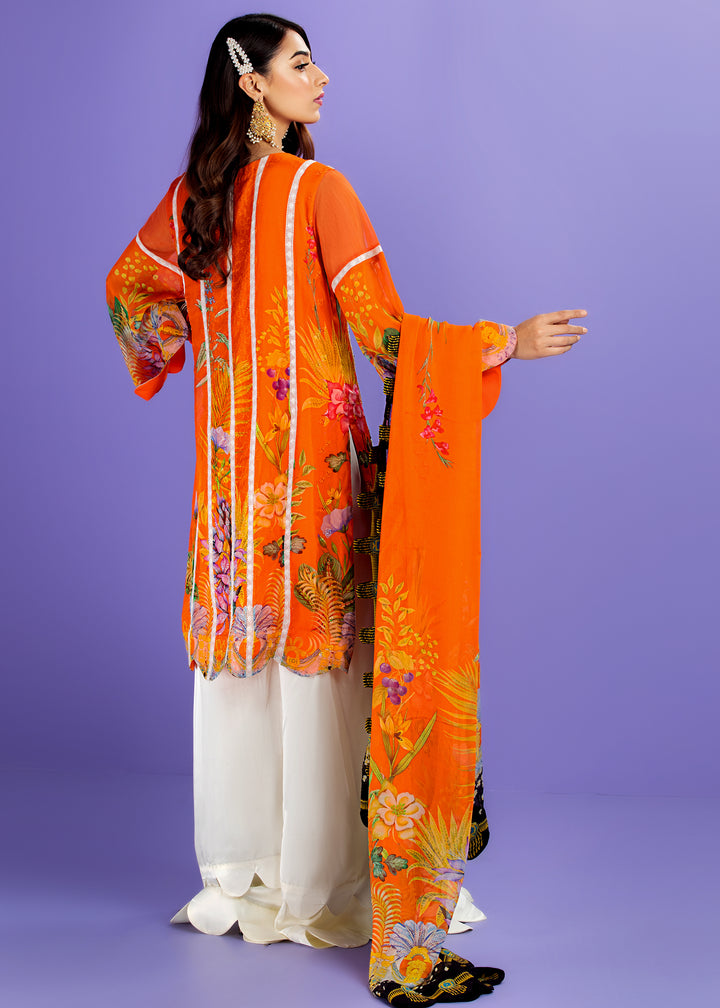 Model wearing Orange Embroidered Shirt with Dupatta -4