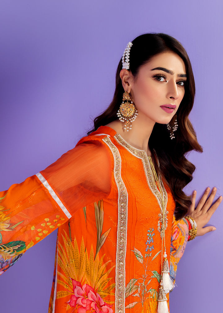 Model wearing Orange Embroidered Shirt with Dupatta -5