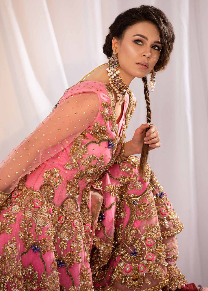 Model wearing Gold Embellished Pink Frock with Lehenga -2