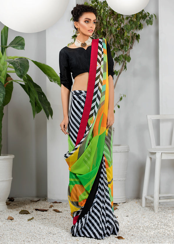 Rangde - B/W Striped Saree with Multicolor Print