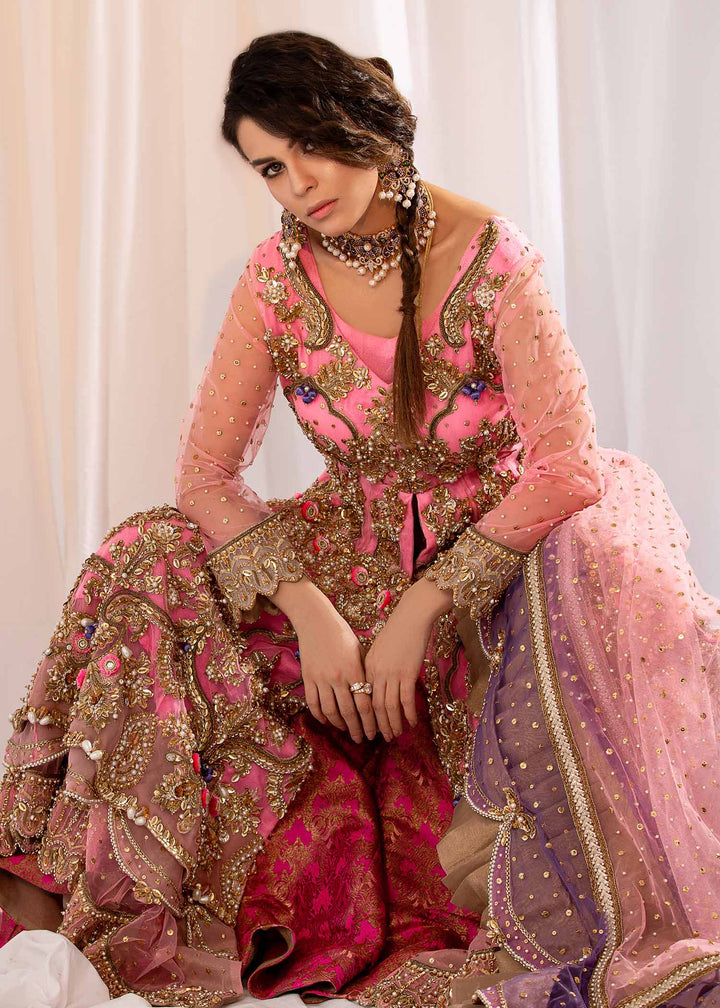 Model wearing Gold Embellished Pink Frock with Lehenga -4