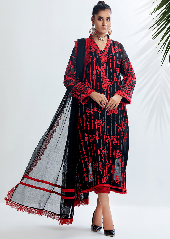 Model Wearing Black and Red Embroidered Suit - 1