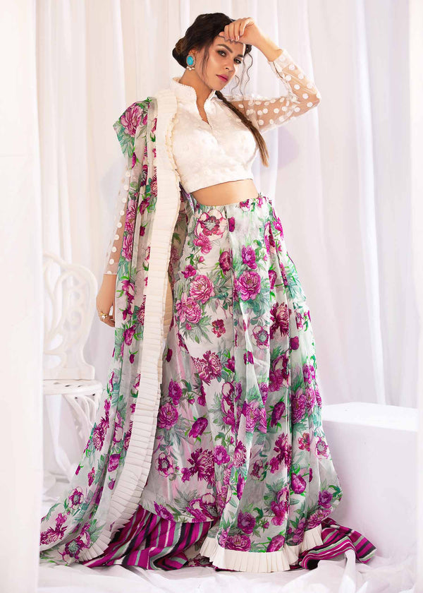 Model wearing Floral Skirt and Blouse with Dupatta - 1