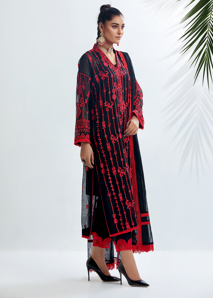 Model Wearing Black and Red Embroidered Suit - 2