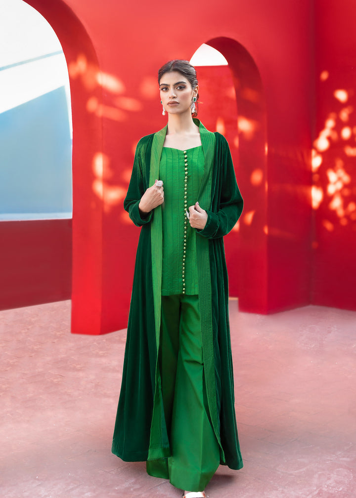 Model wearing green velevt jacket - image 3