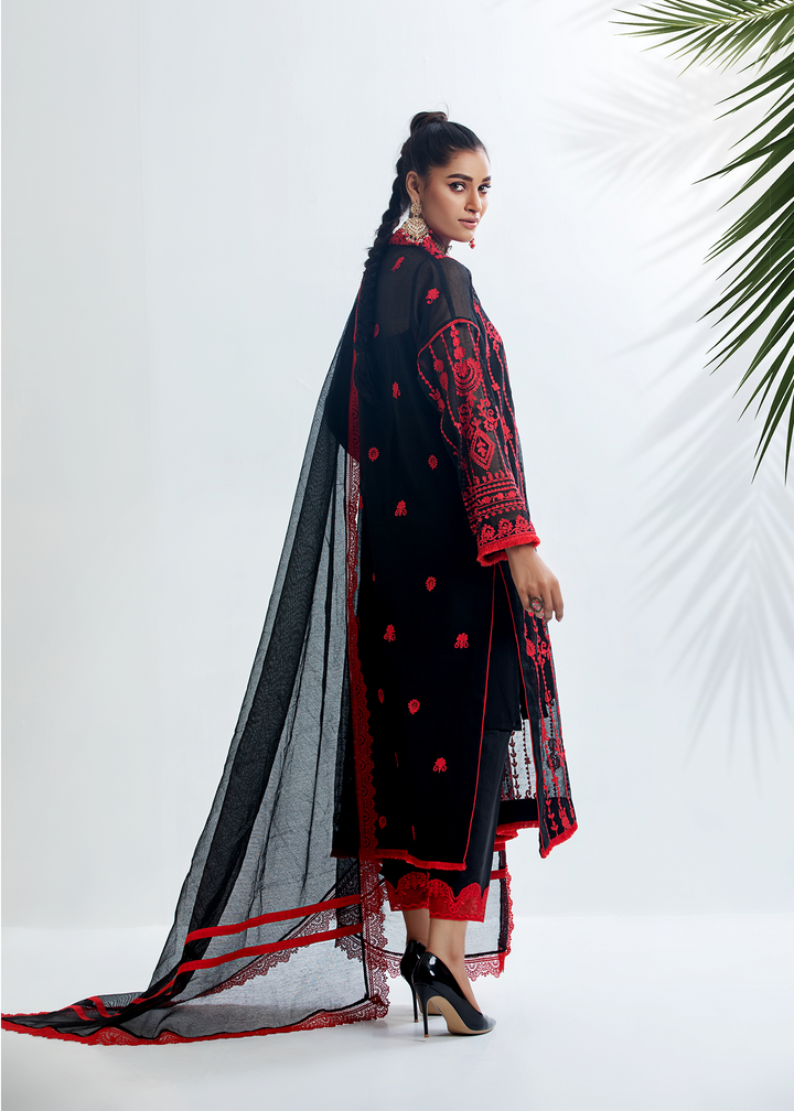 Model Wearing Black and Red Embroidered Suit - 3