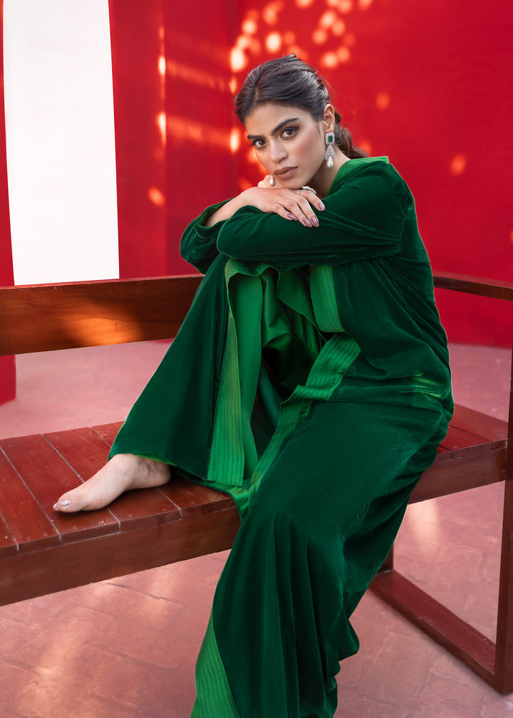 Model wearing green velevt jacket - image 4
