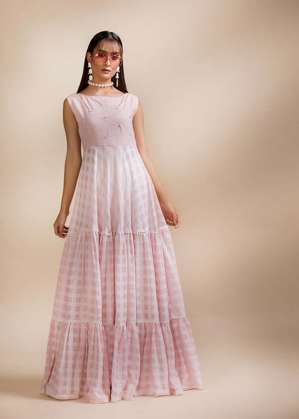 Model wearing Bubble Pink Maxi Dress -1