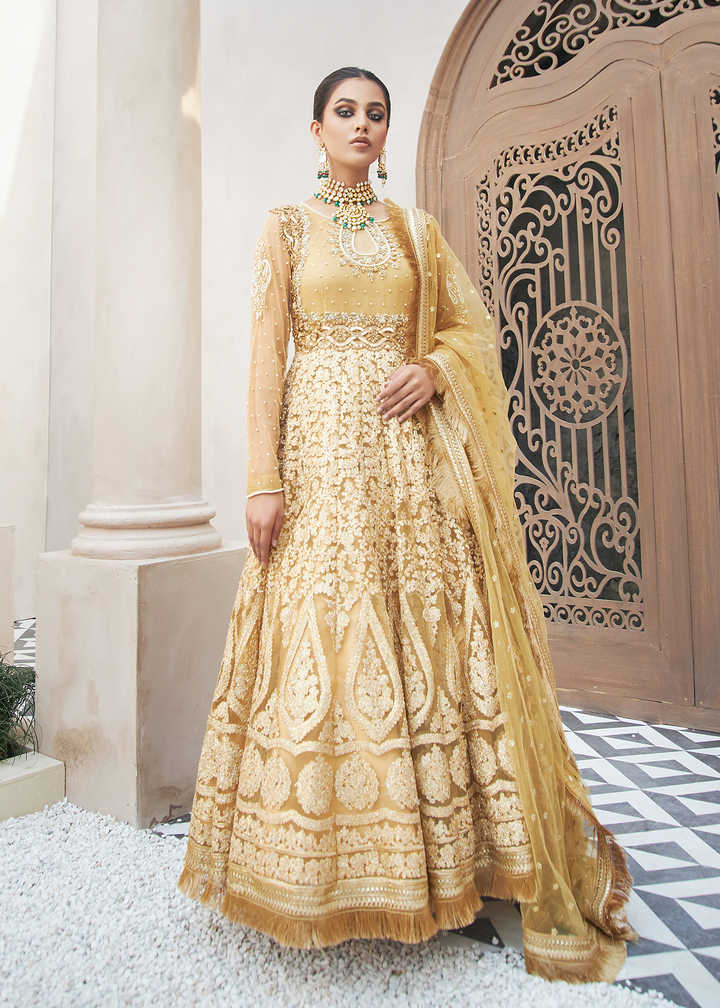 Model wearing Embroidered Gold flared Frock -1