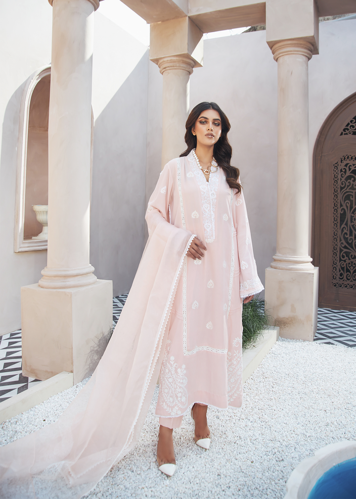 Model wearing Powder pink shirt with organza dupatta - 1