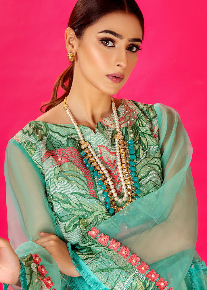 Model wearing Turquoise Peplum Shirt with Gharara Pants -5