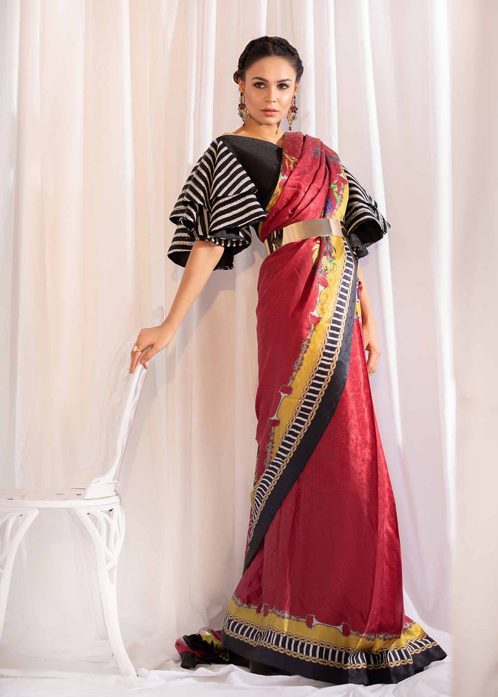 Model wearing Printed Saree with Striped Flare Sleeves-1
