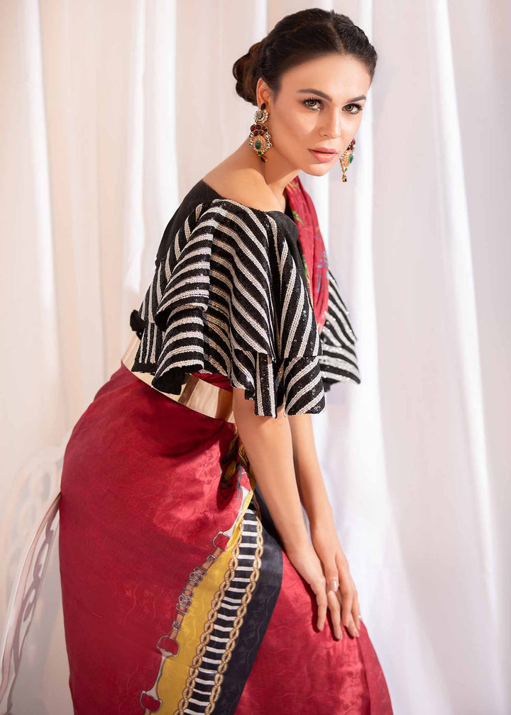Model wearing Printed Saree with Striped Flare Sleeves-2