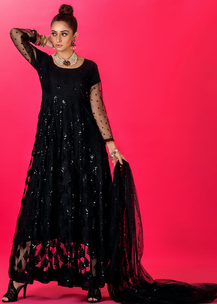 Model wearing Sequined Black Frock Dress with Shirt and Pants -2