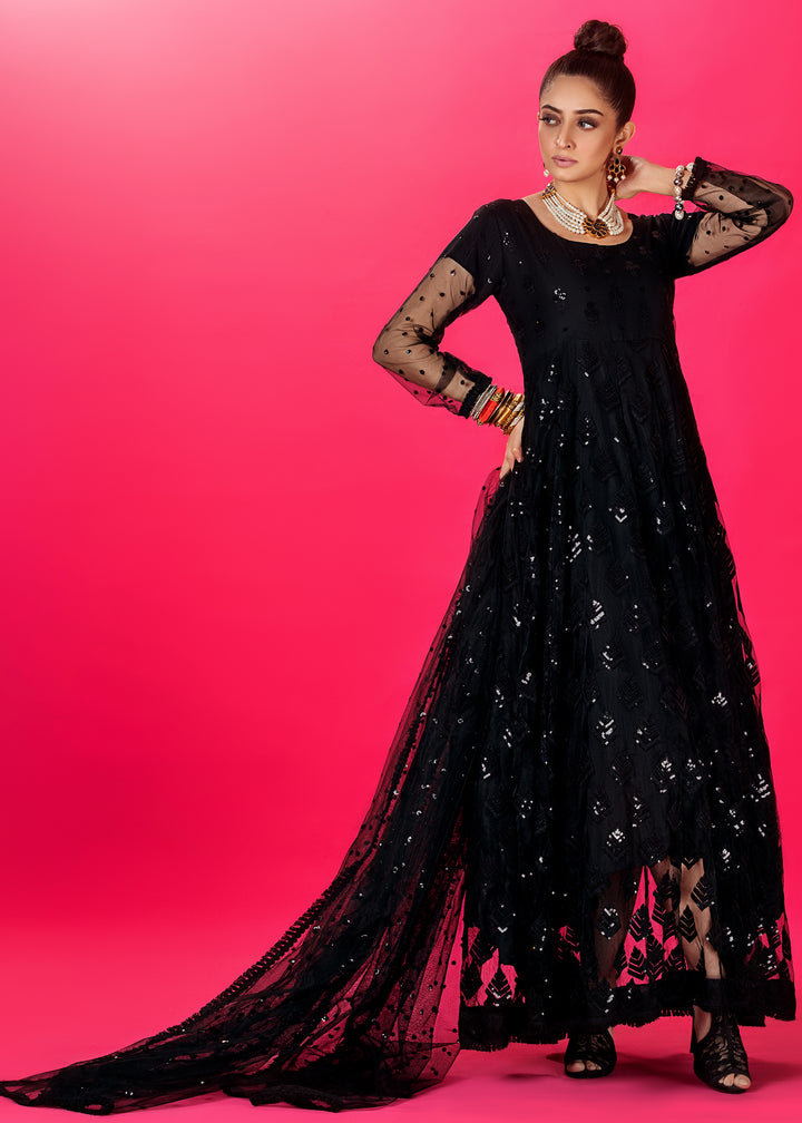 Model wearing Sequined Black Frock Dress with Shirt and Pants -3