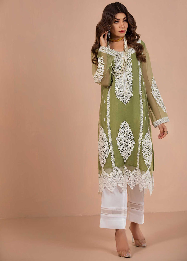 model wearing Olive Green Shirt with White Embroidery With Cotton Silk Trousers-1
