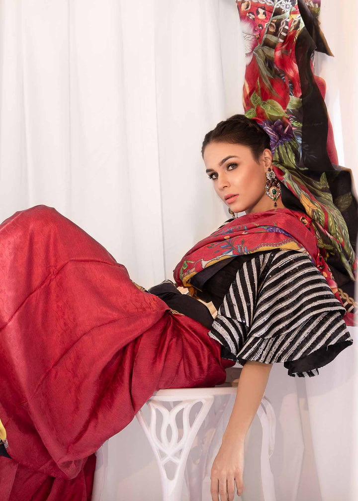 Model wearing Printed Saree with Striped Flare Sleeves-3