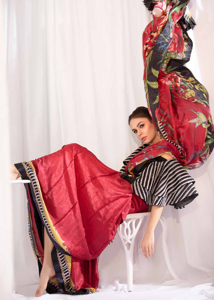 Model wearing Printed Saree with Striped Flare Sleeves-4