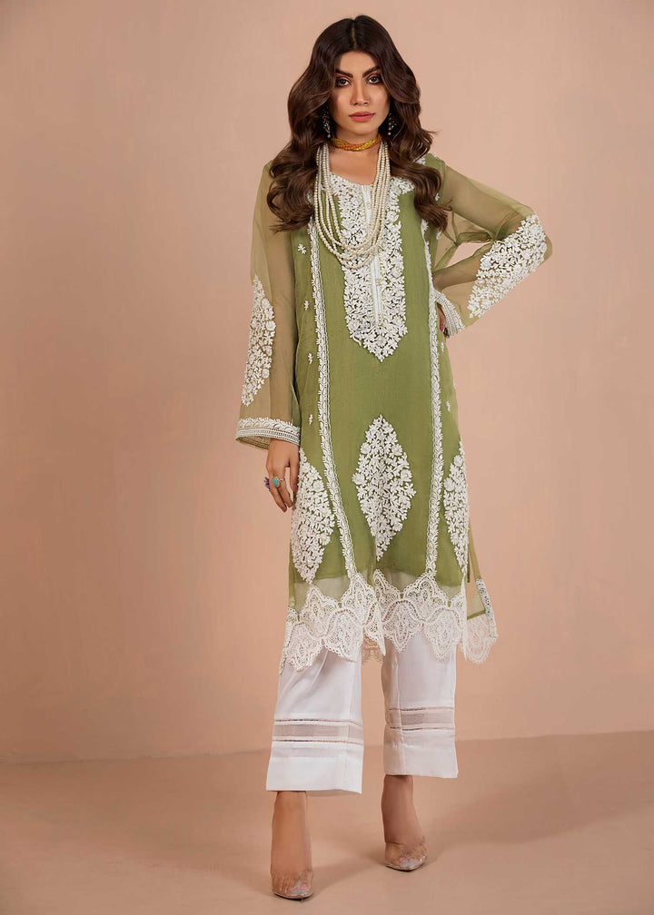 model wearing Olive Green Shirt with White Embroidery With Cotton Silk Trousers-2