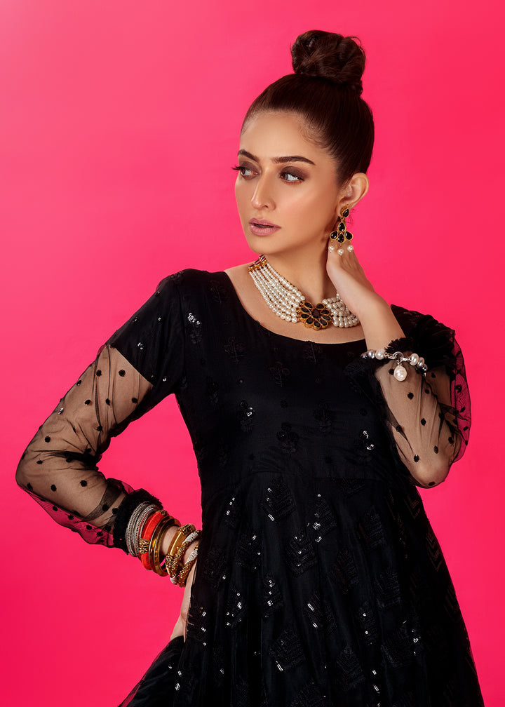 Model wearing Sequined Black Frock Dress with Shirt and Pants -5
