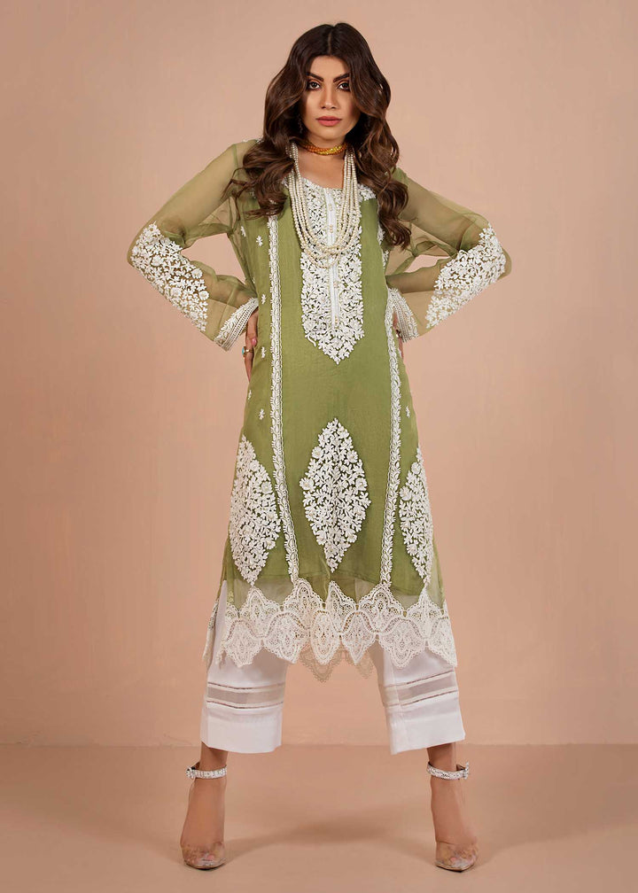 model wearing Olive Green Shirt with White Embroidery With Cotton Silk Trousers-3