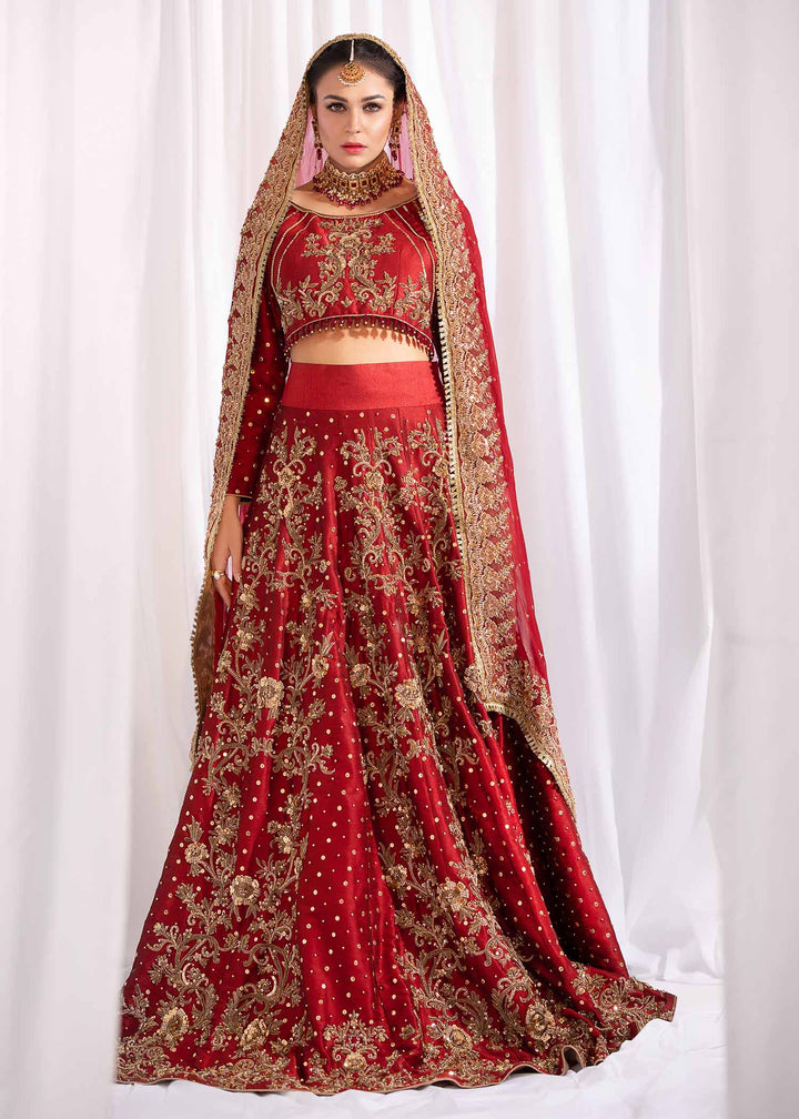 Model wearing Red and Gold Embellished Bridal Lehenga Choli Set - 1