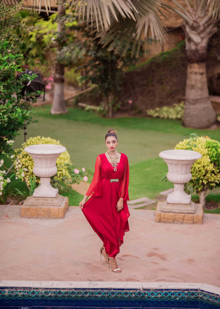 Model wearing red shirt with chiffon sleeves-3