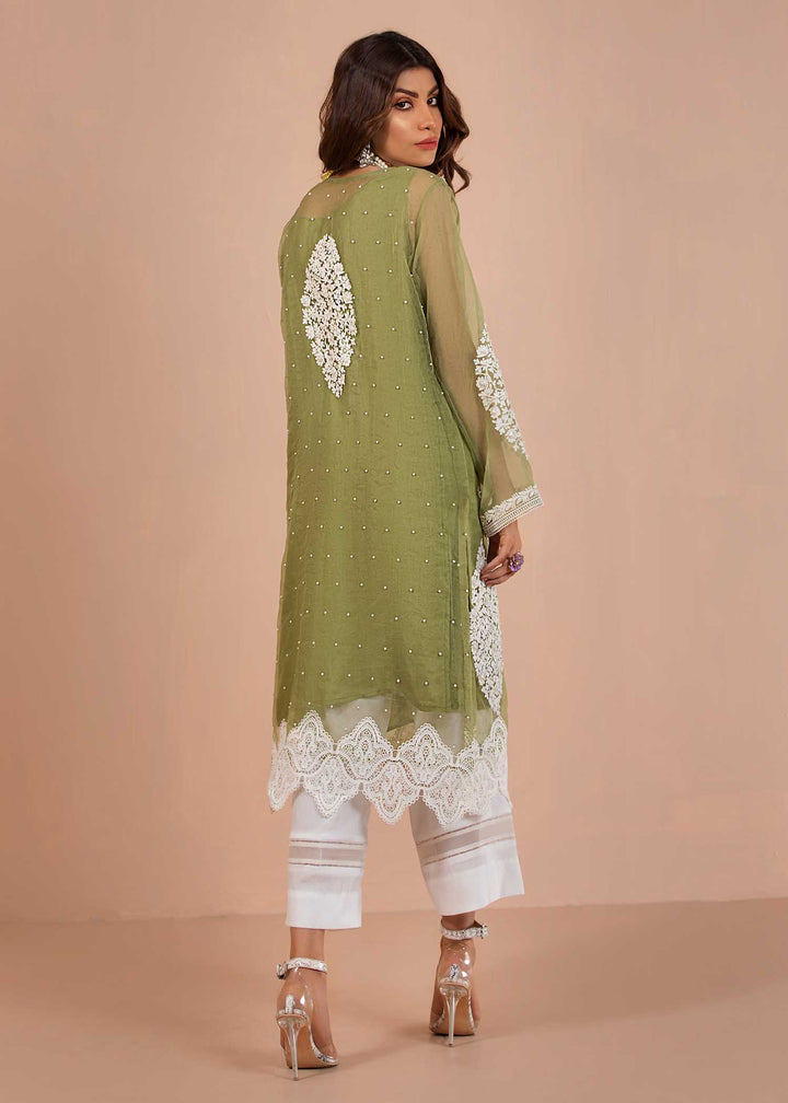 model wearing Olive Green Shirt with White Embroidery With Cotton Silk Trousers-4
