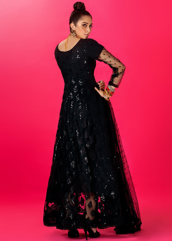 Model wearing Sequined Black Frock Dress with Shirt and Pants -7