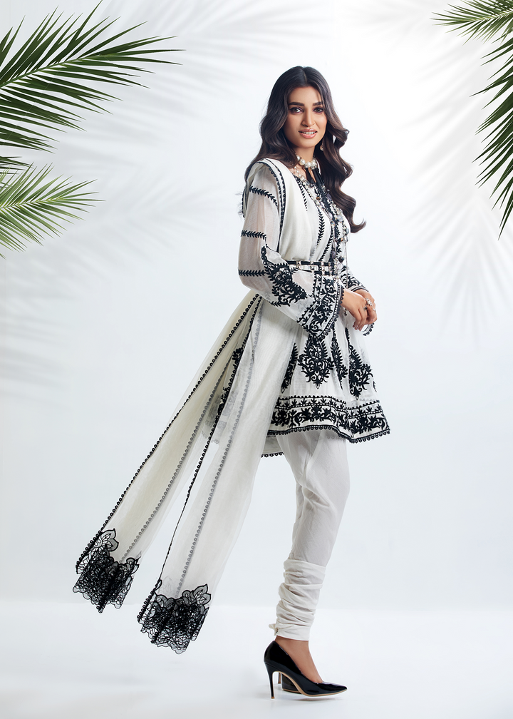 Model Wearing Black and white embroidered suit -5