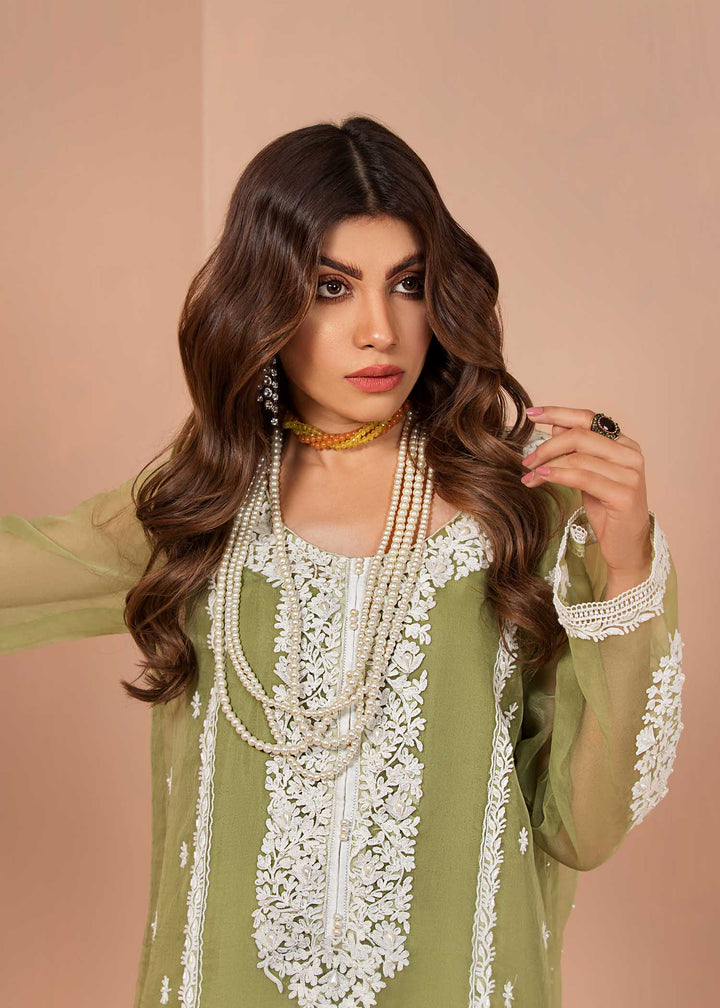model wearing Olive Green Shirt with White Embroidery With Cotton Silk Trousers-5