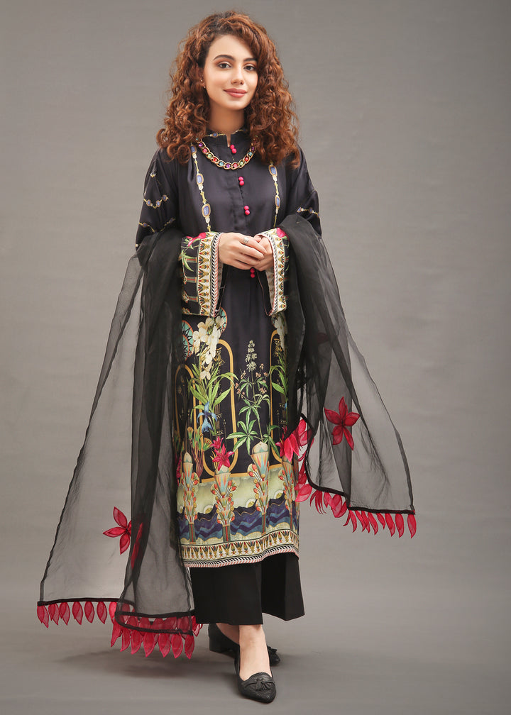 Model wearing Black printed silk shirt with dupatta -2